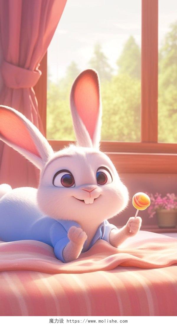 一只毛绒兔子躺在床上拿着棒棒糖可爱3D卡通皮克斯AI插画
